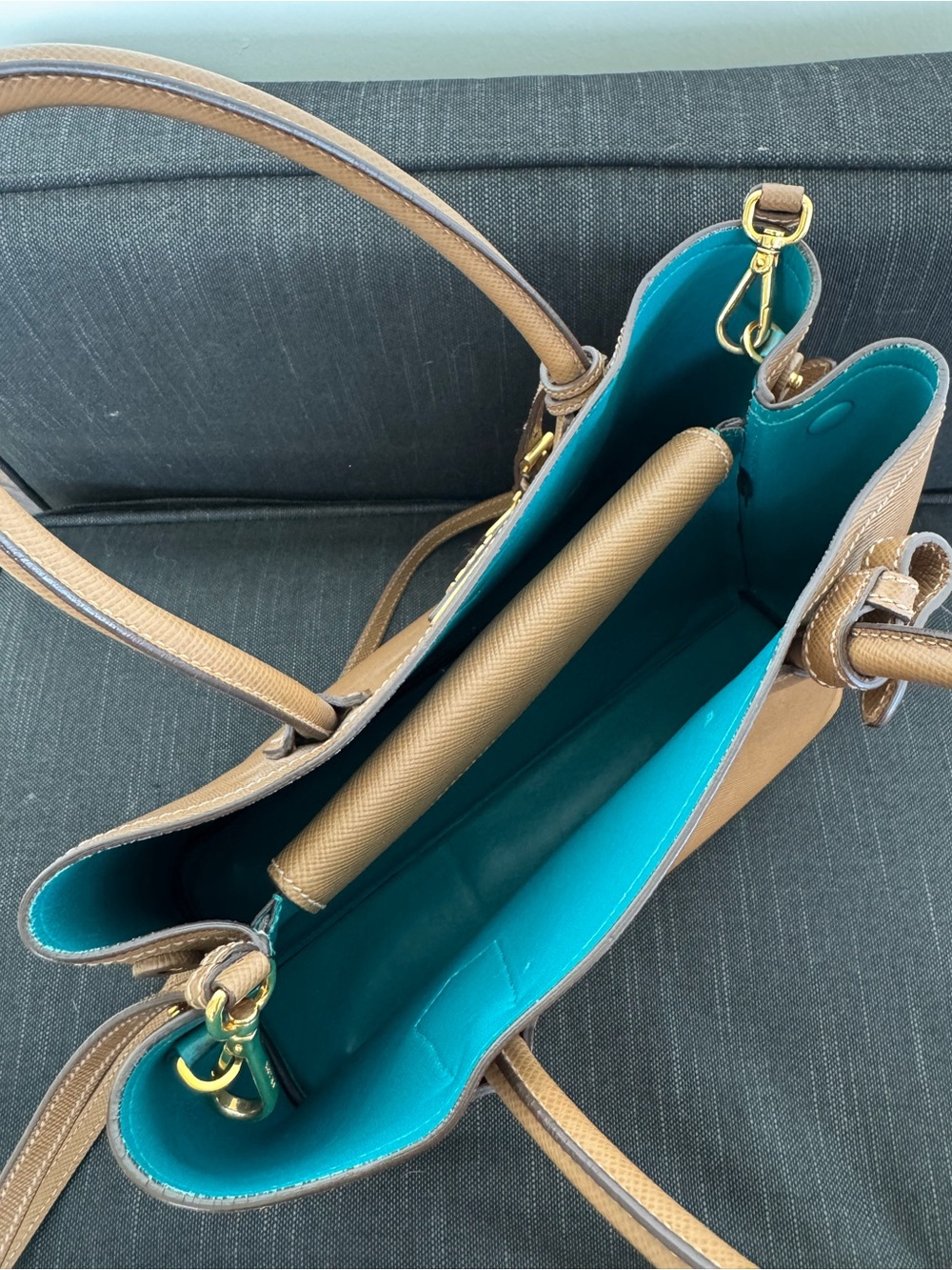Prada Brown Double Saffiano Tote with Turquoise Interior Rare - Picture 7 of 13